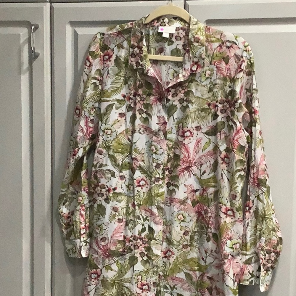 J. Jill Silk Blend Hummingbird Tropical Floral Button Down Blouse Sz L - Picture 11 of 12